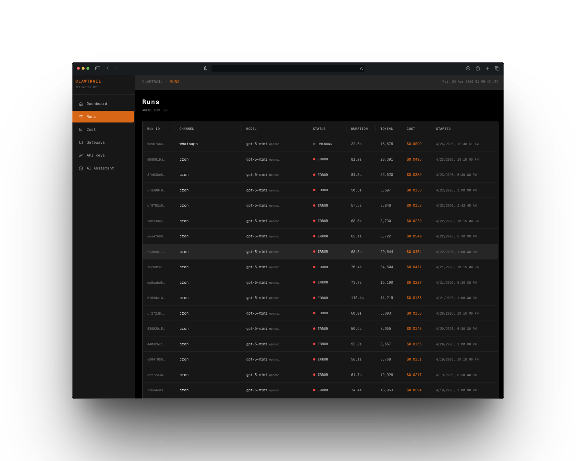 Clawtrail — OpenClaw run visibility dashboard